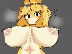 ? animal_crossing big_breasts breasts breasts_out clueless exposed_breasts exposed_nipples isabelle_(animal_crossing) qwpeowqpe striped_body sweat tagme