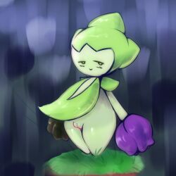 1:1 anthro blush elemental_creature female flora_fauna generation_3_pokemon genitals hi_res nintendo plant plump_labia pokemon pokemon_(species) roselia semitone shiny_pokemon solo vulva wind