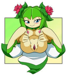 aged_up ass big_breasts blue_eyes blush breasts clitoris cosmo_the_seedrian female humanoid leatherruffian nipples nude presenting_pussy pussy seedrian solo sonic_(series) sonic_x spread_legs tease