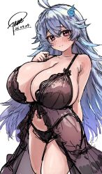 1girl 1girls ahoge alternate_breast_size arm_behind_back black_negligee blush blush_lines blushing breasts breasts_bigger_than_head cleavage closed_mouth curvy cute dated female female_focus gene_(gear_gene) gigantic_breasts hand_to_chest light-skinned_female lingerie looking_at_viewer massive_breasts midriff navel negligee one_arm_up shiny_skin shy signature smile solo solo_female solo_focus thick_thighs thighs wide_hips