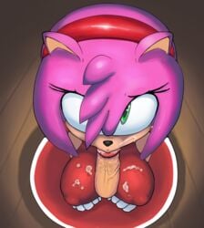 2d amy_rose big_breasts breasts clothing cum cum_on_breasts cum_on_face disembodied_penis dress eyelashes faceless_male fellatio female first_person_view fur green_eyes hairband hedgehog human_on_anthro humanoid_penis male male_pov mammal nipple_bulge oral penis pink_fur pov punkinillus sex solo sonic_(series)