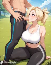 1male ai_generated blonde_hair blowjob blue_eyes fellatio female mercy outdoors overwatch ponytail tank_top tights trees yoga_pants