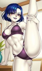 1girls ai ai_art ai_generated anonemus1 blue_hair earrings fusionfall hand_on_table invader_zim mole_under_eye nickelodeon nicktoons pale-skinned_female pale_skin purple_bikini purple_eyes purple_lipstick purple_nails solo solo_female tak_(disguised)_(invader_zim) tak_(invader_zim)