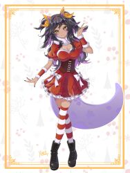 absurdres arm_up black_boots black_hair black_nails boots border bow breasts chrchie christmas cleavage cleavage_cutout closed_mouth clothing_cutout commentary corset crossed_legs dress dress_bow english_commentary facial_mark female full_body fur_trim hairbow highres horns indie_virtual_youtuber lace-up_boots large_breasts legs lizard_tail long_hair looking_at_viewer medium_breasts multicolored_hair nail_polish ornate_border puffy_short_sleeves puffy_sleeves purple_hair purple_horns purple_tail red_corset red_dress reptile_girl santa_costume santa_dress short_dress short_sleeves solo standing striped_clothes striped_thighhighs tail thighhighs thighs two-tone_hair virtual_youtuber white_bow xarakura_xara yellow_bow yellow_eyes