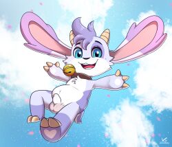 anthro anthro_only balls bell billie_(billie_bust_up) billie_bust_up blue_eyes bovid bovine chubby_belly clouds collar collar_bell cub flat_chest floppy_ears furry furry_male furry_only goat goat_horns goat_tail hooves horns male male_cub male_only penis sky small_penis smiling smiling_at_viewer zeklullaby