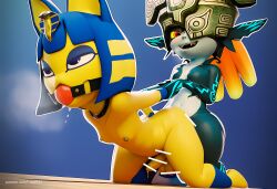 3d ai_generated animal_crossing ankha ankha_(animal_crossing) ball_gag bondage doggy_style furry futa_on_futa futa_only futaais23 futanari imp imp_midna midna nintendo shortstack the_legend_of_zelda