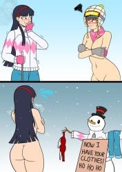 2girls amagi_yukiko ass black_hair bra breasts cleavage covering covering_breasts covering_privates female graciousdegenerate long_hair navel nude persona persona_4 red_bra reference_image satonaka_chie tagme