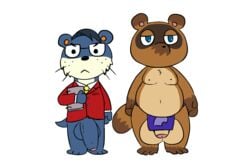 animal_crossing anthro big_penis big_testicles bottomless duo furry inubashiri lyle_(animal_crossing) male male_only mammal mustelid nintendo penis tanuki testicles tom_nook weasel