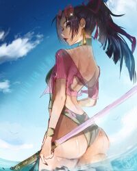 1girls accurate_body_type accurate_proportions ass ass_focus butt butt_focus female female_focus female_only katana looking_at_viewer looking_back marvel marvel_comics marvel_rivals ponytail psylocke psylocke_(sai) psylocke_(sai)_(breezy_butterfly) solo solo_female solo_focus summer swimsuit sword water weapon