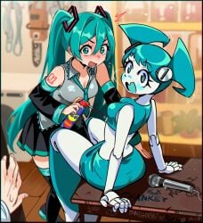2girls blush caught caught_in_the_act classroom cleavage clothed crop_top crossover detached_sleeves eastern_and_western_character green_eyes green_hair hatsune_miku implied_yuri jenny_wakeman knee_boots long_hair looking_at_viewer medium_breasts microphone miniskirt my_life_as_a_teenage_robot paid_reward_available pochita_(chainsaw_man) pov pov_doorway robot robot_girl robot_joints sexually_suggestive skirt small_breasts snegovski thigh_boots twintails very_long_hair vocaloid wd-40 zettai_ryouiki