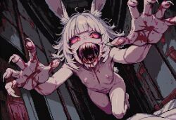 1girls ai_generated albino anthro black_eyes blood blood_drip blood_in_mouth bloody blunt_bangs breasts bunny_ears bunny_girl bunny_tail caerie_(paigen) claws disheveled fangs female flat_chest horror horror_(theme) long_hair looking_at_viewer messy_hair monster_girl nipples original original_character paigen pink_sclera pixel_art pussy rabbit_ears rabbit_girl rabbit_tail sharp_nails sharp_teeth sharp_toenails skinny skinny_female slit_eyes white_hair white_skin