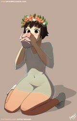 1girls artist_name belly blush breasts brown_eyes brown_hair female female_only flower hair_flower hair_ornament hips human legs navel nipples plant see-through short_hair signature sillygirl sinner small_breasts socks solo thighs to_aru_kagaku_no_railgun to_aru_majutsu_no_index uiharu_kazari web_address