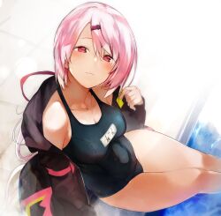 1girls arm_support bare_hands bare_hips bare_knees bare_legs bare_shoulders bare_skin bare_thighs big_breasts bikini black_bikini black_coat black_jacket black_one-piece_swimsuit black_swimsuit black_swimwear blush blush_face blushing_at_viewer blushing_female breasts busty busty_female busty_girl closed_mouth_smile coat curvaceous curvaceous_body curvaceous_female curvaceous_figure curvaceous_hips curvaceous_thighs curvy curvy_body curvy_female curvy_figure curvy_hips curvy_thighs exposed_hips exposed_legs exposed_shoulders exposed_skin exposed_thighs female female_only from_above hair_clip hairclip inguinal_crease inguinal_ligament jacket large_boobs large_breasts legs_closed legs_together looking_up looking_up_at_viewer nijisanji nishiide_kengorou one-piece_swimsuit open_coat open_jacket partially_submerged partially_submerged_legs pink-eyed_female pink-haired_female pink_eyebrows pink_eyes pink_hair pink_hair_female plump_breasts pool poolside shiina_yuika short_hair smile smiley_face smiling smiling_at_viewer smirk submerged_feet submerged_legs swimsuit swimwear thighs_together virtual_youtuber vtuber vtuberfanart