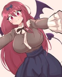 big_breasts bucked_red button_gap dominant red_eyes red_hair skirt smile succubus succubus_senki temptation towering_over