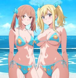 2girls arms_behind_back bare_legs bare_shoulders beach blonde_hair blue_bikini blue_ribbon blush brown_hair cleavage collarbone hair_ribbon large_breasts long_hair looking_at_viewer medium_breasts smiling standing string_bikini twintails