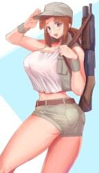 1girl belt blue_background breasts brown_belt brown_eyes brown_hair brown_hat brown_shorts brown_vest commentary_request cowboy_shot crop_top female fio_germi from_side glasses gun gun_on_back gun_sling hat highres huge_breasts long_hair looking_at_viewer madsensei metal_slug midriff oekaki open_clothes open_mouth open_vest ponytail popped_collar round_eyewear salute shorts shotgun sidelocks smile solo standing tank_top thighs twisted_torso two-tone_background vest weapon weapon_on_back white_tank_top wristband