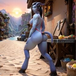 1girls ai_generated alleyway ass big_breasts black_hair blue_eyes blue_skin draenei draenei_female female female_only fruits fruits_basket glowing_eyes glowing_tattoo golden_tattoo horns looking_at_viewer nowrin ponytail sand sling_bikini solo stable_diffusion standing tattoo warcraft world_of_warcraft