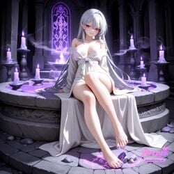 ai_assisted ai_generated bare_legs bare_shoulders barefoot blue_nails breasts candle checkered_floor cleavage collarbone crack earrings feet female flirtzy.ai jewelry long_hair looking_at_viewer nail_polish off_shoulder pink_nails purple_nails red_eyes red_nails shirt sitting smile solo tile_floor tile_wall tiles toenail_polish toenails very_long_hair white_hair white_shirt