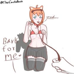 bikini bikini_lift bikini_top blue_eyes castellaris catgirl dog_ears drooling female ginger_hair heart-shaped_pupils leash leash_and_collar leashed leashed_collar leashed_female medium_breasts mylsef_(vtuber) paw_pose petplay seiza sweatdrop sweating sweaty transfem