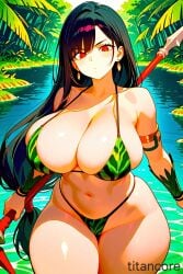 (titancore) ai_generated amazon_girl arm_bracelets bikini_bottom bikini_top black_hair female final_fantasy_vii girl huge_breasts jungle lake long_hair red_eyes single_girl spear swimsuit thick_thighs tifa_lockhart video_game_character