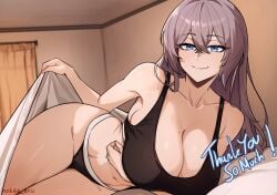 1girl alternate_costume alternate_hairstyle arm_under_breasts armpits azur_lane bare_shoulders bedroom black_bra black_panties blue_eyes bra breasts cleavage collarbone commission crossed_bangs curtains grey_hair hair_between_eyes hair_down highres intrepid_(azur_lane) jewelry large_breasts lifting_covers long_hair looking_at_viewer lying midriff mole mole_on_breast nokaa_aru on_bed on_side panties ring sideboob sidelocks signature smile thighs underwear wedding_ring wide_hips