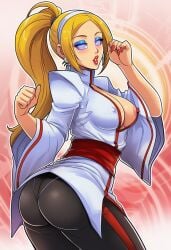 ai_generated bimbo blonde_hair blue_eyeshadow chizuru_kagura_(cosplay) fatal_fury feminization hypnosis king_of_fighters mascara red_lipstick rule_63 snk terry_bogard