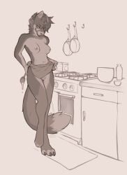 2025 anthro appliance apron apron_only barefoot biped breasts canid canine claws clothing countershade_fur countershade_torso countershading cutlery digital_media_(artwork) dipstick_tail eyebrows feet female fox fur hair hi_res kitchen kitchen_appliance kitchen_counter kitchen_utensils looking_at_viewer mammal markings medium_breasts monochrome navel oven pots presenting presenting_breasts presenting_pussy presenting_vulva pussy sepia seraphictiger solo spoon standing tail tail_markings toe_claws tools