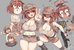 absurdres bare_shoulders baseball_cap belt boots breasts brown_belt brown_eyes brown_footwear brown_hair brown_hat brown_shorts brown_tank_top brown_vest character_name cleavage collarbone commentary crop_top ddg160 eating female fio_germi food glasses grey_background gun hat highres hip_vent holding holding_gun holding_unworn_clothes holding_weapon knee_pads large_breasts looking_at_viewer medium_hair metal_slug midriff multiple_views navel no_vest open_clothes open_mouth open_vest outstretched_arm ponytail sandwich shell_casing shirt short_shorts shorts simple_background smile snail submachine_gun surprised sweat tank_top ufo v vest waving weapon wet wet_clothes wet_shirt wristband