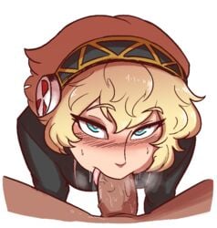 :>= aegis_(persona) aigis_(persona) blonde_hair blowjob blush dark-skinned_male deepbeef fellatio female naughty_face oral persona persona_3 pov robot scruffyturtles seductive_eyes tongue_out