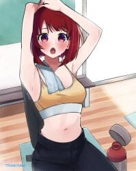 1girls after_workout arima_kana arm_above_head arm_up armpit armpit_crease armpit_peek armpits arms_above_head arms_up bare_armpits bare_arms bare_belly bare_hands bare_midriff bare_navel bare_shoulders bare_skin belly belly_button blush blush_face blushing_at_viewer blushing_female blushing_lines collarbone elbows exposed_armpits exposed_arms exposed_belly exposed_midriff exposed_navel exposed_shoulders exposed_skin female female_focus female_only fingers hairless_armpits hand_above_head hand_up hands_above_head hands_up high_resolution high_school_student highres indoor indoors lean_figure looking_at_viewer medium_hair midriff narrow_waist navel open_mouth oshi_no_ko parted_lips petite petite_body petite_breasts petite_female petite_girl petite_tits red_eyes red_eyes_female red_hair red_hair_female school_girl shaved_armpits shoulders sitting slender_body slender_waist slim_waist small_breasts solo sports_bra teen_girl teenage_girl teenager tongue tsunkyun upper_body yoga_pants young_female young_woman