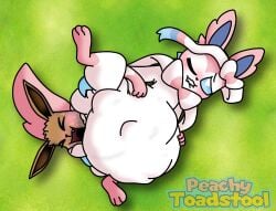 anal_vore eevee eeveelution peachytoadstool pokemon pokemon_(species) same_size_vore struggling struggling_prey sylveon unwilling unwilling_prey unwilling_vore vore vore_belly watermark