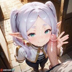 ai ai_generated balls big_dick big_penis earrings elf elf_ears elf_male excited femboy frieren frieren_beyond_journey's_end gay green_eyes hentai highres male male/male male_only massive_penis partially_clothed penis pov rule_63 side_view trap twink uncensored userzon white_hair yaoi