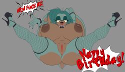 absurd_res accessory alternative_fashion anthro anus areola arm_above_head armband armwear ass athletic athletic_anthro barely_visible_anus belly_piercing big_breasts big_butt birthday blue_body blurred_background bracelet breasts chair chest_tuft clothed clothing collar dialogue dialogue_box dialogue_with_sound_effects digital_media_(artwork) ear_piercing english_text eyebrows eyelashes fangs female fishnet_armwear fishnet_clothing fishnet_leggings fishnet_legwear fishnet_thigh_highs flexible footwear front_view furniture genitals hair hair_accessory hand_behind_head happy hare head_tuft hi_res high_heels huge_breasts huge_butt humanoid_genitalia humanoid_hands humanoid_vulva jewelry lagomorph leggings legwear leporid long_ears long_hair looking_at_viewer lying mammal mohawk mostly_nude multicolored_body nipples on_back one_eye_closed open_mouth open_smile partially_clothed piercing punk rabbit rabbit_ears ravrous red_tongue remy_the_jackrabbit_(jaydiman) sega shaded shoes smile solo sonic_the_hedgehog_(series) spiked_armband spiked_bracelet spiked_collar spikes spread_legs spreading suggestive suggestive_dialogue suggestive_pose talking_to_viewer teeth text text_box text_emphasis thick_thighs thigh_highs tongue tongue_piercing topwear tuft two_tone_body vulva white_body wide_hips