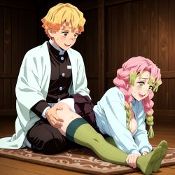 1boy 1girls breasts breasts_focus breasts_out breasts_squeezed_together grabbing kanroji_mitsuri zenitsu_agatsuma