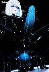 ai_generated aist_ blue_eyes blue_lipstick bodysuit bondage bound breasts covered_testicles dildo erection eyeshadow futanari glowing_genitalia glowing_penis latex legs penis restrained ridged_penis shiny_clothes short_hair solo spread squatting testicles white_hair