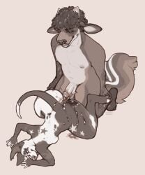 anthro ass_up balls barbell_piercing bodily_fluids bovid bovine canid canine cattle circular_barbell_piercing curly_hair duo ear_piercing ear_ring facial_piercing female female_anthro genital_fluids genitals hair hi_res humanoid_genitalia humanoid_penis kneeling lying male male/female male_anthro mammal monochrome multiple_piercings narrowed_eyes nipples nose_piercing nude on_front open_mouth peeing peeing_on_anus penis piercing ring_piercing septum_circular_barbell septum_piercing seraphictiger short_hair urine urine_on_butt urine_on_leg watersports