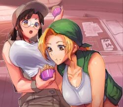 2girls bandana baseball_cap blonde_hair breasts brown_eyes brown_hair brown_headwear brown_shorts brown_vest calendar_(object) collarbone cupcake dessert eating female fio_germi food glasses green_bandana green_vest hat holding holding_food indoors kasamoto_eri large_breasts madsensei metal_slug multiple_girls open_clothes open_mouth open_vest round_eyewear short_hair shorts tank_top valentine vest white_tank_top yellow_eyes