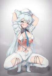 1girls :p areolae arms_behind_head big_breasts blue_eyes blush boots breasts cleavage dearonnus eyebrows_visible_through_hair female female_only florence_(girls'_frontline_nc) girls'_frontline heart-shaped_pupils high_heel_boots high_heels large_breasts licking_lips light-skinned_female light_skin long_hair looking_at_viewer musk navel no_bra nurse nurse_cap nurse_uniform pa-15_(girls'_frontline) pants raised_arm revealing_clothes smile solo spread_legs squatting tie tongue white_hair