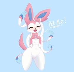 begging bit-small blush breast_squish breasts eeveelution english_text female furry hand_on_chest happy nintendo nipples open_mouth pokemon pussy saliva small_breasts solo sylveon text video_games