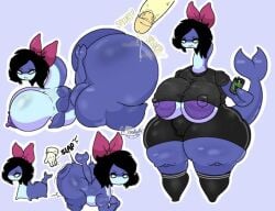 1boy 1girl anus ass black_hair black_shirt blue_background blue_skin bottomless bow breasts can colored_nipples colored_skin crop_top disembodied_limb disembodied_penis english_text hair_bow hetero holding holding_can huge_ass huge_breasts lafreakysky looking_at_viewer monster_energy monster_girl multicolored_skin multiple_views nipples oc original_character outline penis pussy reptile_girl shirt short_hair shortstack signature simple_background smile socks solo_focus standing tagme tail thick_thighs thighs two-tone_skin uncensored white_outline wide_hips yellow_eyes