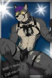 anthro body_hair bulge canid canine canis chest_hair collar fur glowing glowing_eyes grey_body grey_fur hair harness hi_res male male_only mammal money muscular nicolasthewolf purple_hair solo stripper wolf