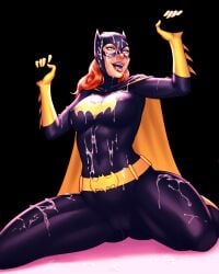 1girls ashleyblaze_(editor) ass_visible_through_thighs barbara_gordon batgirl clothed cum_on_body dc_comics excessive_cum nipple_bulge non_nude superheroine tight_clothing