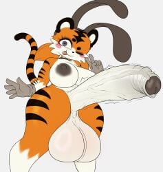 1futa 2-ban_(artist) 2d ;p big_ass big_balls big_breasts big_penis blush foreskin furry futanari intersex naked naked_futa orange_fur partially_retracted_foreskin peace_sign penis plundered retracted_foreskin tagme taiga_stripes_(2-ban) tiger uncircumcised uncut wink
