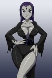 1girls alternate_breast_size belt big_breasts black_outfit cartoon_network clothing cosplay dc dc_comics dcau elvira:_mistress_of_the_dark elvira_(cosplay) female female_only grey_skin hourglass_figure human large_breasts pale_skin purple_eyes purple_hair rachel_roth raven_(dc) ravenravenraven solo teen_titans thick_thighs toonami torn_clothing wide_hips