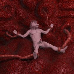 3d_(artwork) ao_lie digital_media_(artwork) dragon eastern_dragon erection fei_ren_zai_(non_human) genitals grey_hair hair hi_res horn humanoid_genitalia humanoid_penis looking_surprised male male_only mane muscular muscular_male mythological_creature mythological_scalie mythology nude penis restraints scalie seedbed solo tentacle white_body