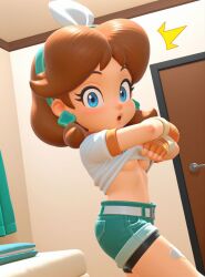 1girls 2025 3d ai_generated background bedroom blue_eyes brown_hair civitai d3rmal door eyebrows eyelashes female indoors locker long_hair looking_at_viewer mario_(series) mario_kart mario_kart_world nintendo orange_hair outfit princess_daisy princess_daisy_(touring) removing_clothing shirt shorts surprised surprised_expression tagme towel wall