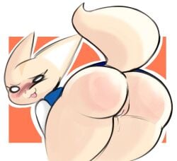 aggretsuko anthro ass big_ears blush bodily_fluids bottomless bottomless_anthro bottomless_female canid canine clothed clothing dress female fennec_fox fenneko fluffy fluffy_tail fox fur genital_fluids genitals looking_at_viewer looking_back looking_back_at_viewer mammal noirchaton4 partially_clothed_anthro partially_clothed_female presenting presenting_hindquarters raised_tail sanrio solo tail tan_body tan_fur true_fox vaginal_fluids vulva