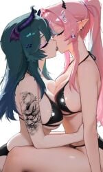 2girls arm_tattoo aruna_reaver bra breasts closed_eyes ear_piercing green_hair hands_on_another's_hips highres horns hug kissing large_breasts long_hair me_o_wy multiple_girls open_mouth piercing pink_hair pointy_ears ponytail saliva simple_background tattoo thighs underwear white_background yuri