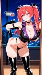 ai_generated black_thighhighs boosterred99 collar demon demon_wings firika_mia_shatana illustrious_(stable_diffusion) jacket latex latex_thighhighs latex_thong long_hair nukidoki! pony_diffusion_xl purple_eyes red_hair seductive_smile thick_thighs thighs thong twintails underwear vest wristbands