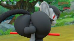 3d 3d_(artwork) anus ass ass_focus backsack balls big_butt black_fur bubble_butt detailed_background doommusk furry lire_(doommusk) looking_at_viewer looking_back male male_only mammal monkey penis presenting_hindquarters primate red_eyes shy solo tail talking_to_viewer text thick_thighs tree white_skin